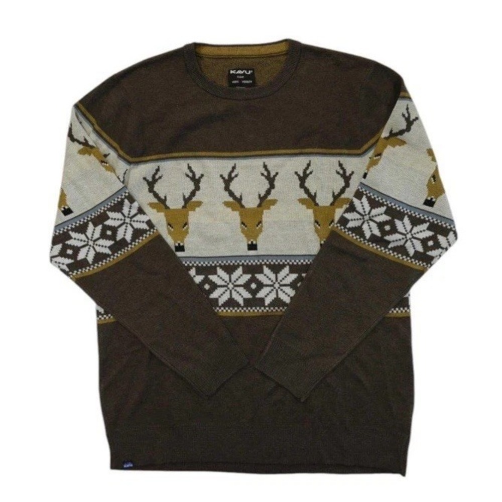 Men's Kavu Highline Oh Deer Sweater Reindeer Holiday Brown Festive Medium